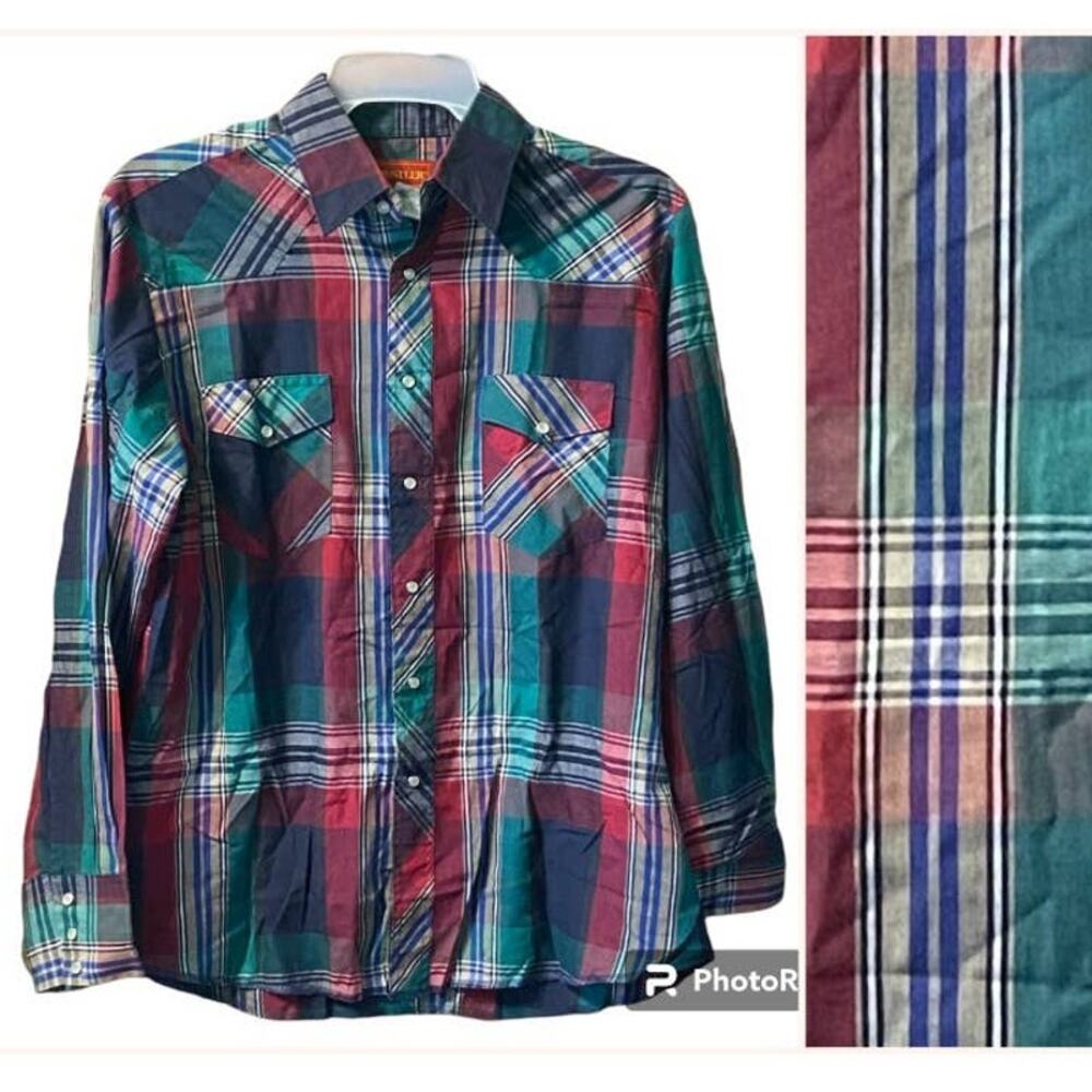 Vintage Rustler by Wrangler Western Shirt Mens L Pearl Snap Extra Long Tail